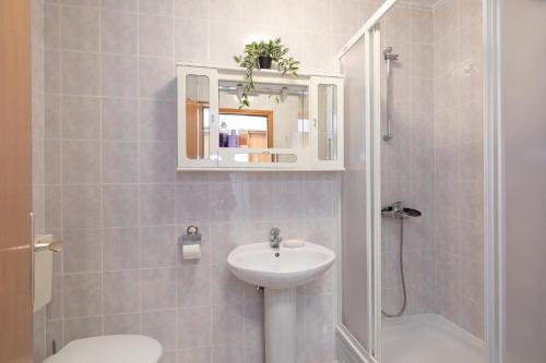 un bagno con lavandino, WC e specchio di Apartment Valkovic a Baška