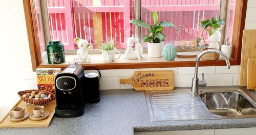 um balcão de cozinha com um aparelho de cozinha no parapeito da janela em Beach Garden Getaway em Cheltenham