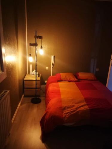 a bedroom with a bed with a colorful blanket at Proche du centre ville in La Rochelle