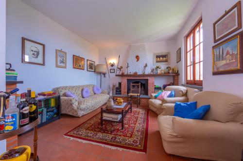 sala de estar con 2 sofás y chimenea en Villino Di Corsanico With View - Happy Rentals, en Massarosa