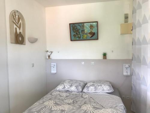 a bedroom with a bed and a picture on the wall at Studio proche mer & climatisé les Anses d'Arlet in Les Anses-dʼArlets