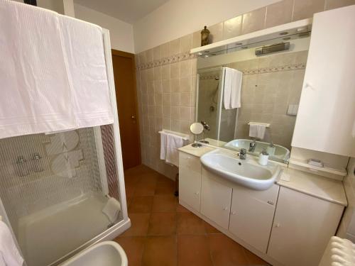 uma casa de banho com um lavatório, um chuveiro e um WC. em Ca' Rina apartment FREE PARKING LAKE VIEW em Lierna
