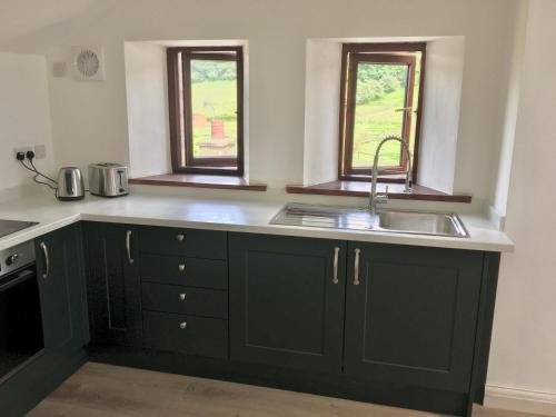 a kitchen with green cabinets and a sink and two windows at Lythe brow in Lancaster