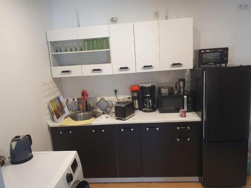 eine Küche mit weißen Schränken und einem schwarzen Kühlschrank in der Unterkunft Neustadt-Blick in Heilbad Heiligenstadt
