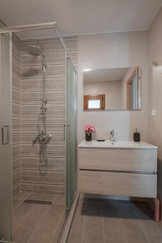 a bathroom with a shower and a sink at Angela's House in Alonnisos