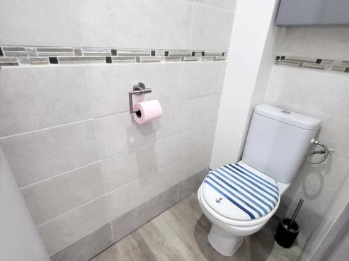 La salle de bains est pourvue de toilettes avec un siège rayé bleu et blanc. dans l'établissement T2 rénové climatisé avec jardin, proche plage, parking sécurisé - FR-1-316-174, à Six-Fours-les-Plages