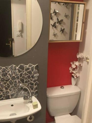 une salle de bain avec un lavabo, des toilettes et un miroir dans l'établissement Vieux Nice Vibrant Central Apt, à Nice