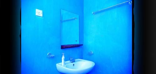 ein Badezimmer mit einem weißen Waschbecken und einem Spiegel in der Unterkunft Rokkyhill in Ella