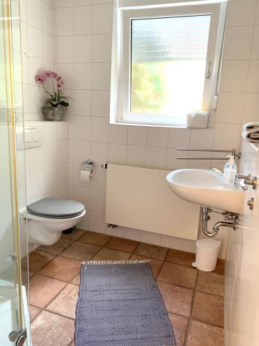 a bathroom with a toilet and a sink and a window at Ferienwohnung in Weissach im Tal in Weissach Im Tal