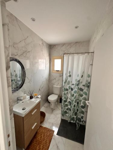 uma casa de banho com um chuveiro, um lavatório e um WC. em Aphrodites Suite em Pafos