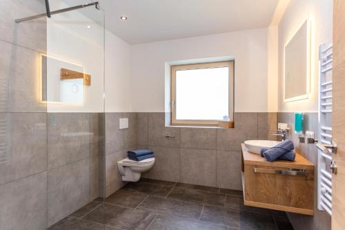 a bathroom with a toilet and a sink and a window at Kaiser Apart Walchsee in Walchsee