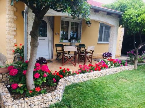 a garden with flowers in front of a house at The Little Blooming House in Agíasma
