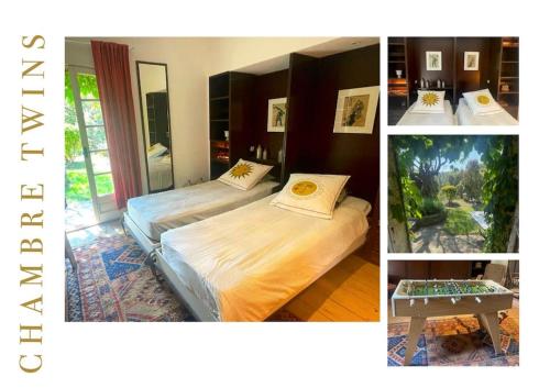 three pictures of a bedroom with two beds and a table at Villa Mon Amour à Grimaud in Grimaud