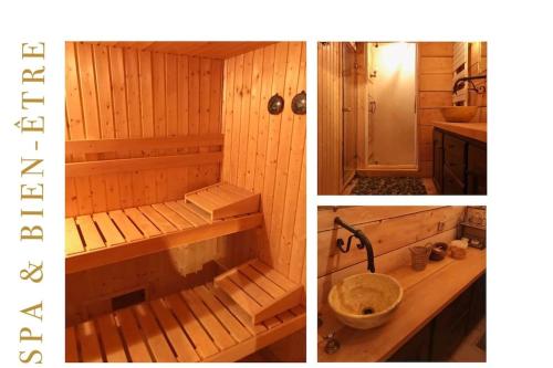 zwei Bilder einer Sauna mit Badewanne und Waschbecken in der Unterkunft Villa Mon Amour à Grimaud in Grimaud