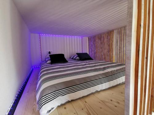 - un grand lit dans une chambre avec des lumières violettes dans l'établissement Le Favrel - Appartement avec mezzanine rénové - Gare de Vannes, à Vannes