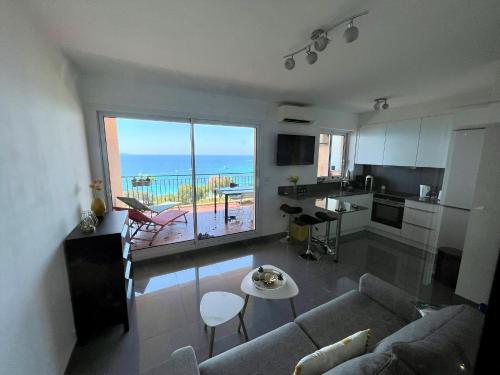 un salon avec un canapé et une vue sur l'océan dans l'établissement Superbe appartement T2 Vue magnifique Sanguinaires à 50m de la plage, à Ajaccio