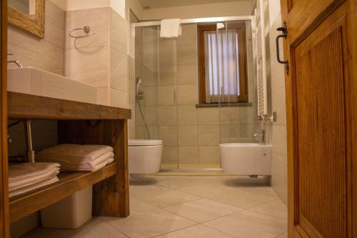 a bathroom with a shower and a toilet and a sink at Maison Carrel Elegant 6 in Breuil-Cervinia