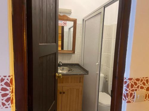 W łazience znajduje się umywalka, toaleta i lustro. w obiekcie Riad Salt River w mieście Martil