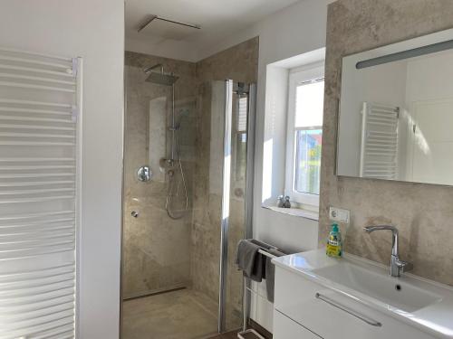W łazience znajduje się prysznic, umywalka i lustro. w obiekcie Ferienhaus Eckeweg 1 w mieście Waldeck