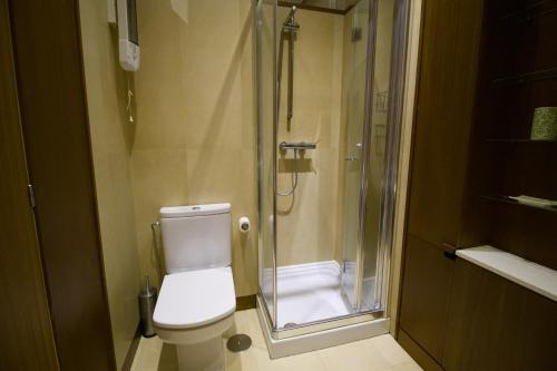 a bathroom with a toilet and a glass shower at Apartamentos Turísticos Pacios in Santiago de Compostela