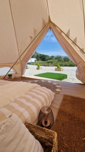 a tent with two beds and a view of a field at Ben Lettery Hostel in Ballynahinch