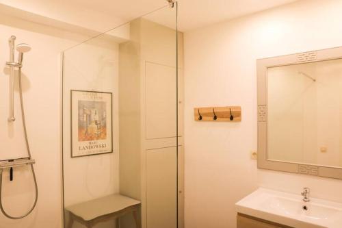 ein Bad mit einer Dusche, einem Waschbecken und einem Spiegel in der Unterkunft Le Theutois Appartement 6p - Theux - 1er étage in Theux