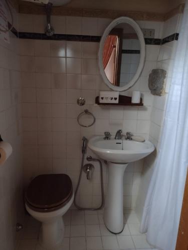 een badkamer met een toilet, een wastafel en een spiegel bij Gerani Rossi in Bagnoregio