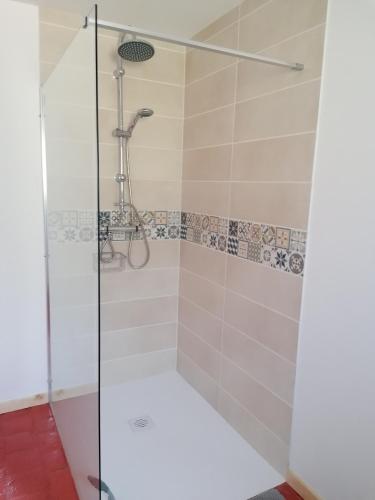 a shower with a glass door in a bathroom at chez Marie et Lulu in Dompierre-sur-Nièvre