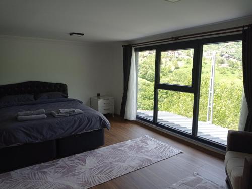 a bedroom with a bed and a large window at Ayas Apart in Macka