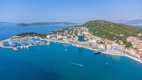 an aerial view of a town on a body of water at City and Style Luxury Rooms Split in Split