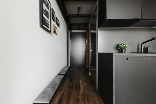 małą kuchnię z ladą i korytarzem w obiekcie Brand New Loft Studio Apartment by URBAN RENT w Kownie