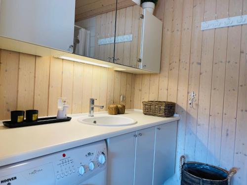 y baño con lavabo y lavadora. en Sommerhus Dänemark en Tranekær