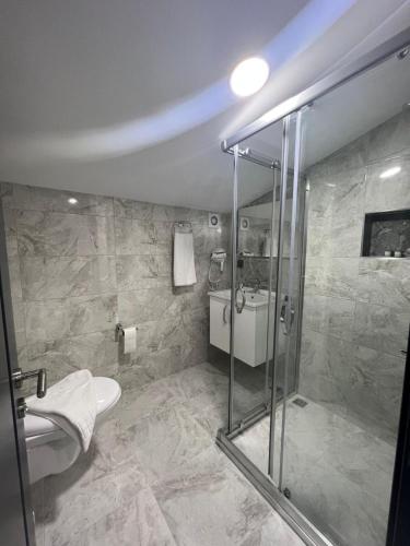 a bathroom with a shower and a toilet and a sink at Melissa Suite in Trabzon