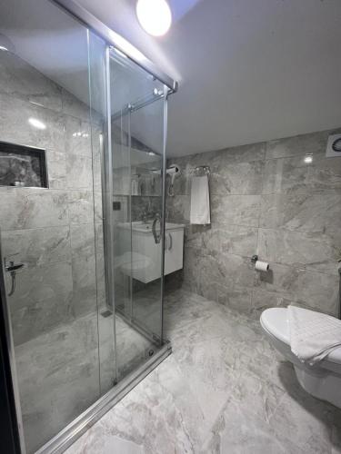 a bathroom with a glass shower and a toilet at Melissa Suite in Trabzon