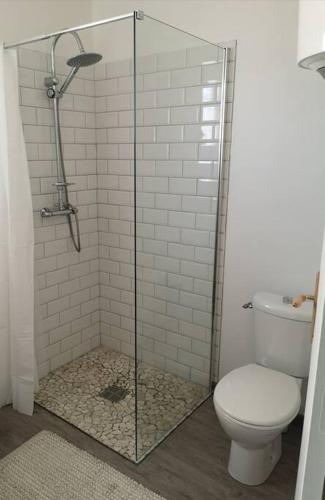 a bathroom with a toilet and a glass shower at Studio Carambole by Sweety Stay in Schœlcher