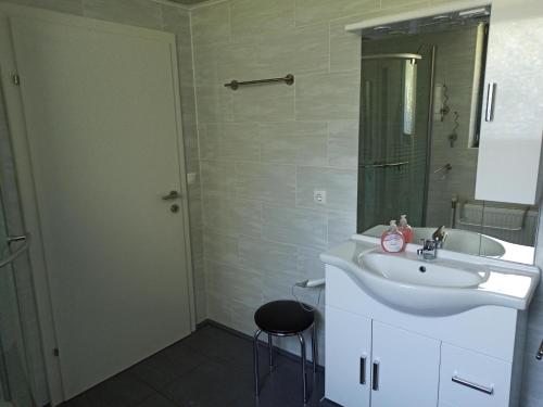 a bathroom with a white sink and a mirror at Haus Ferdinand in Leutasch