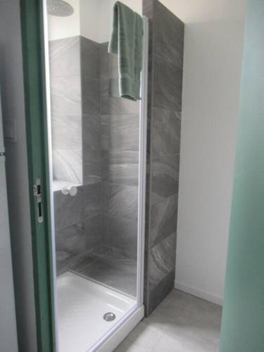 une douche avec une porte vitrée dans une salle de bain dans l'établissement Gîte la Chaumette appartement Emeraude, à Villeuneuve-de-Berg