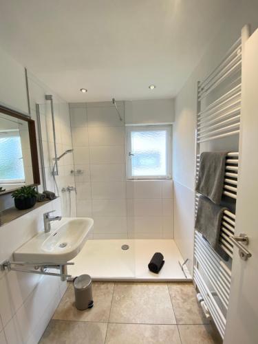La salle de bains blanche est pourvue d'un lavabo et d'une douche. dans l'établissement Apartment-Casa Seestern, à Langenargen