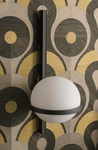 a white stool in a room with a patterned wall at MiHotel Sala in Lyon