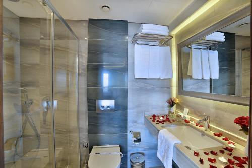 a bathroom with a shower and a sink and a toilet at Corner Hotel Laleli in Istanbul