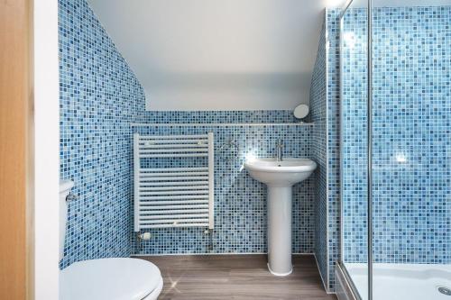 アベルソホにある1 Afon y Felinの青いタイル張りのバスルーム(トイレ、シンク付)