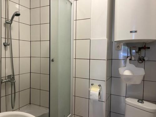 a bathroom with a shower and a toilet and a sink at Ostsee Apartments in Ventspils
