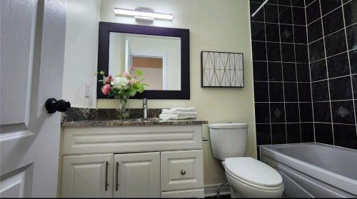 een badkamer met een toilet, een wastafel en een spiegel bij Super Huge Comfortable King Bedroom near Toronto Pearson Airport in Mississauga