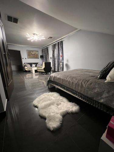 a bedroom with a bed and a white rug at Apartamenty Południe BB Rico in Bielsko-Biala
