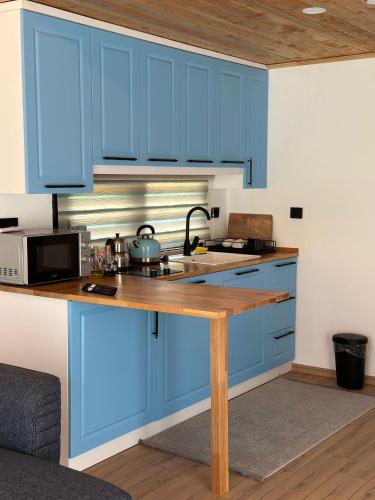 a kitchen with blue cabinets and a wooden counter top at Sea Life Homes in Kemer