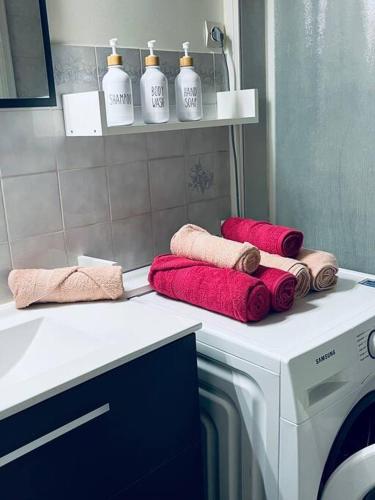 La salle de bains est pourvue d'un lave-linge et de serviettes sur un comptoir. dans l'établissement Grand T2 renové, plein centre, 62 m², à Villard-de-Lans