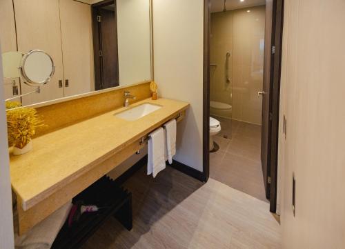 a bathroom with a sink and a mirror and a toilet at SHG Liv Zona G Hotel in Bogotá