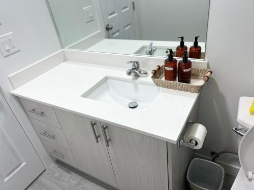 Un baño con lavabo con botellas. en Beautiful 2 bedroom home away from home en Calgary