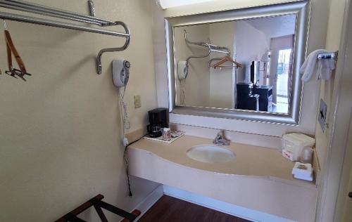 a bathroom with a sink with a mirror and a phone at Red Roof Inn Tifton in Tifton