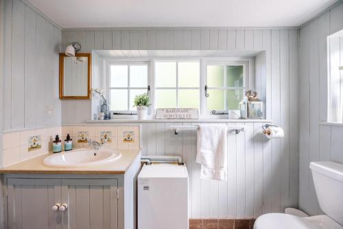 La salle de bains est pourvue d'un lavabo et de toilettes. dans l'établissement Margo's Cottage, à Orford